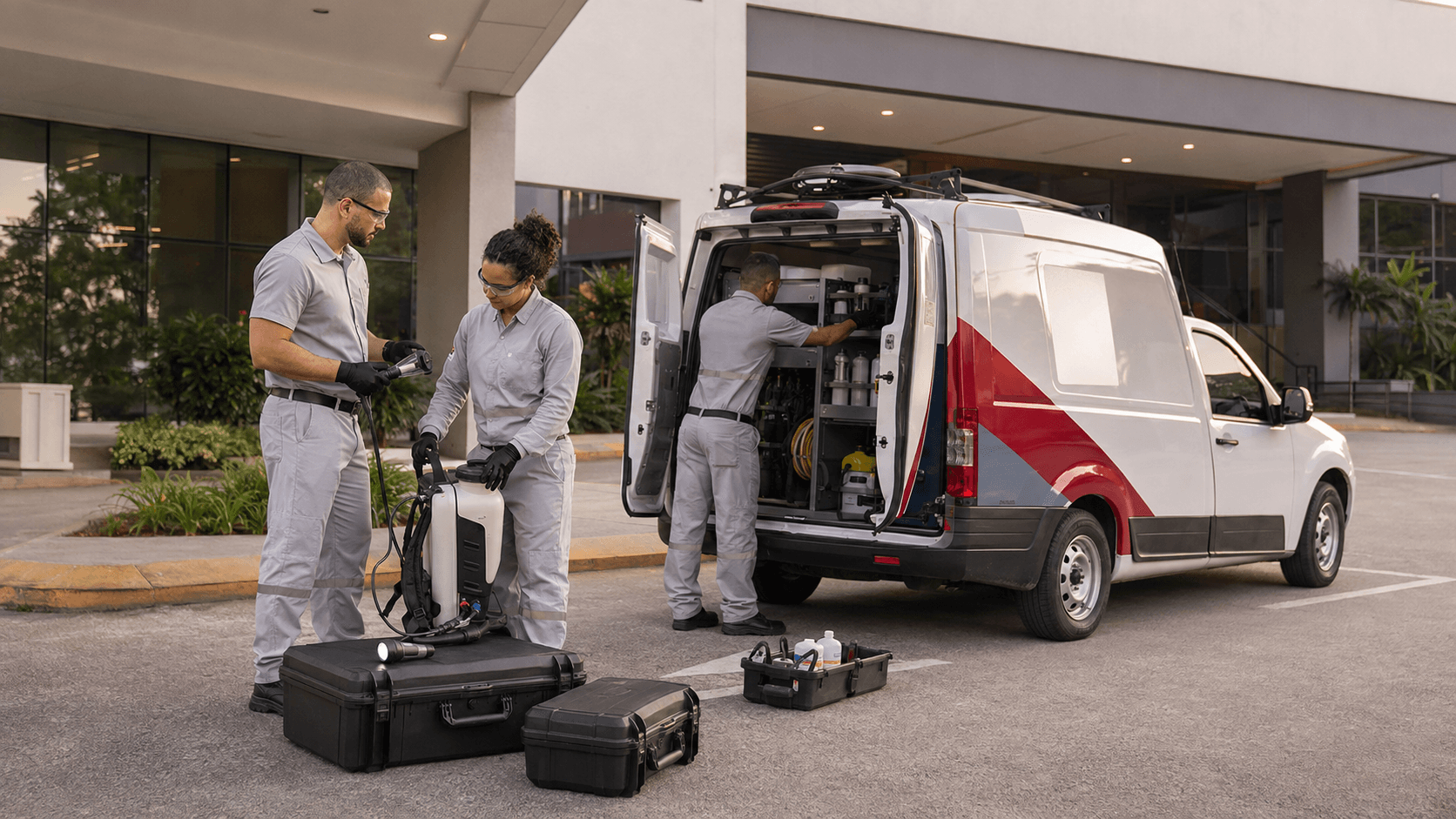 Equipe EcoControl preparando equipamentos em veículo de atendimento