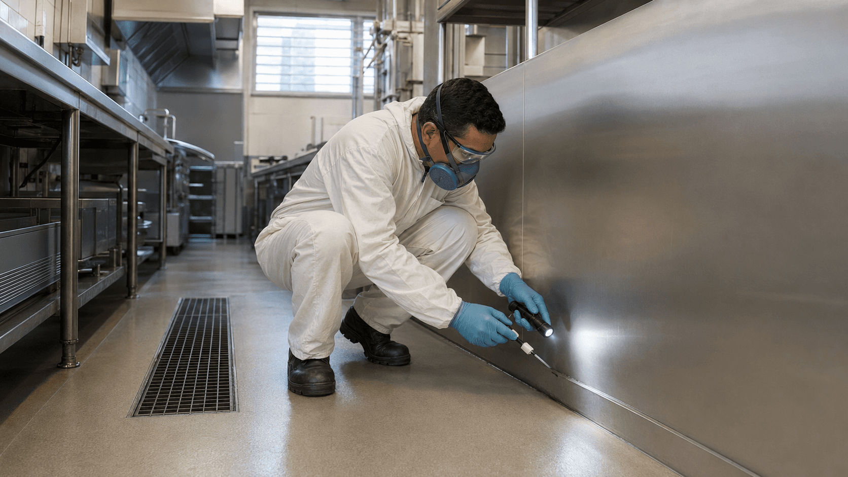 Técnico EcoControl inspecionando cozinha profissional